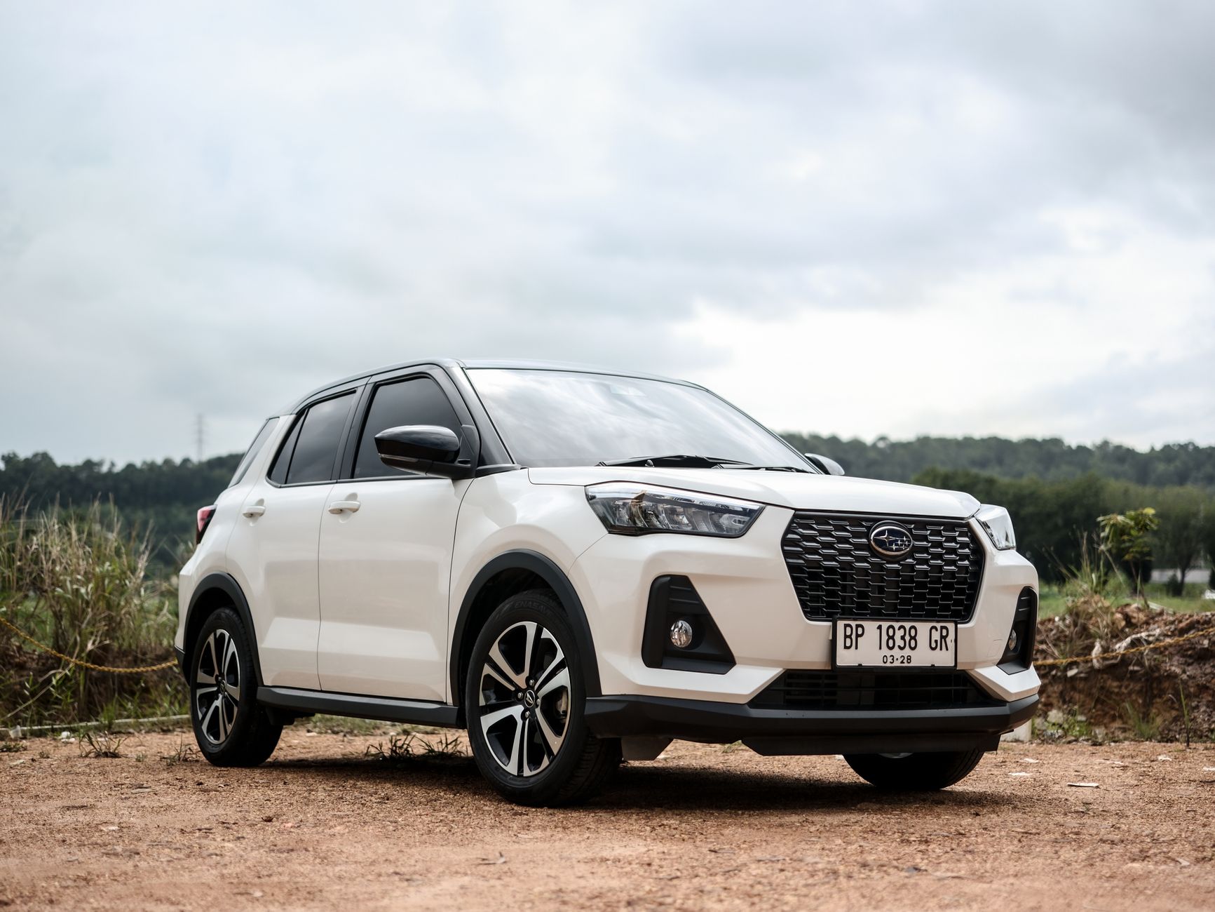A white compact SUV parked outdoors with greenery and cloudy sky backdrop.