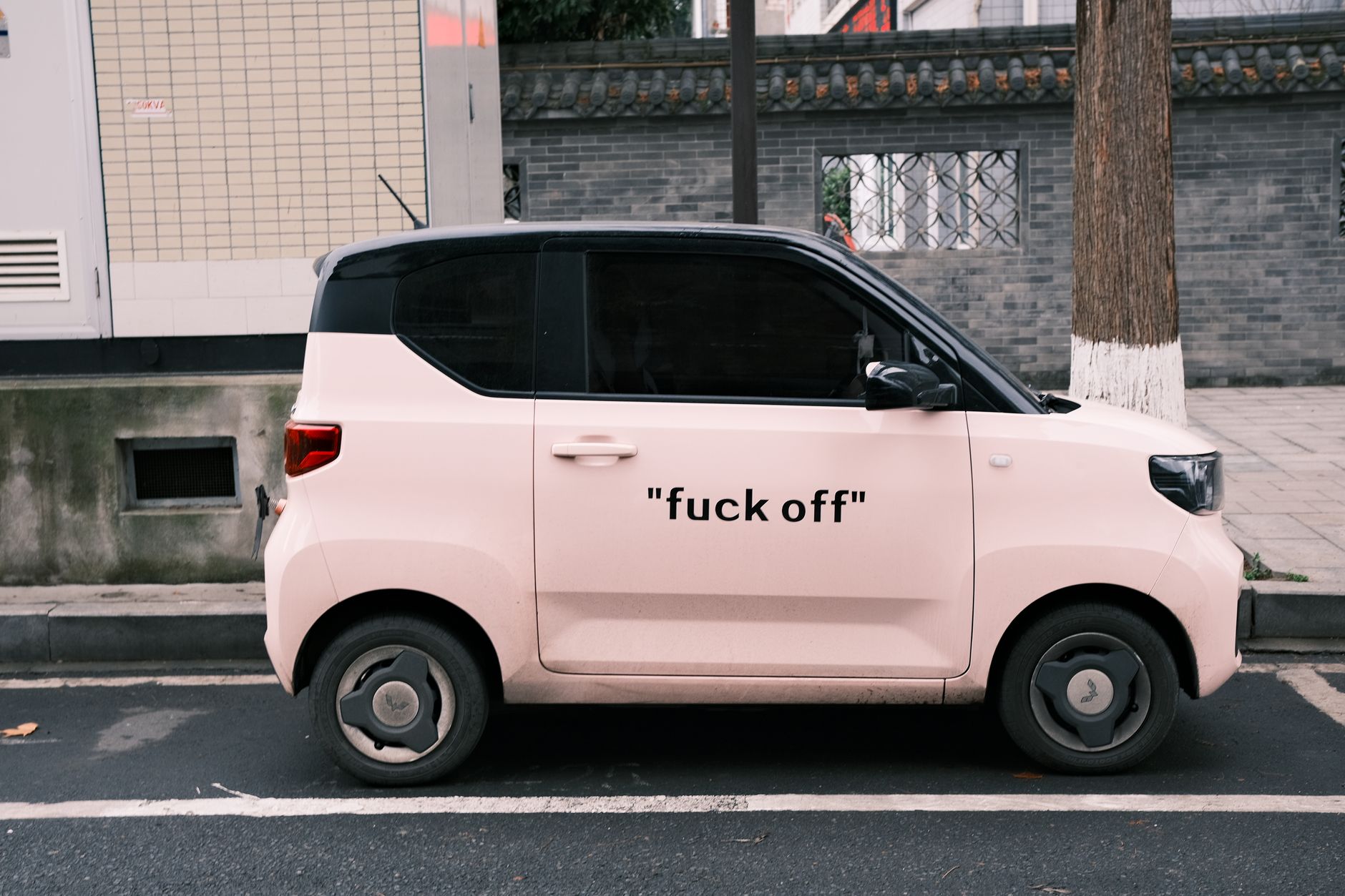 Side view of a pink compact electric vehicle parked on an urban street with bold text on the side.