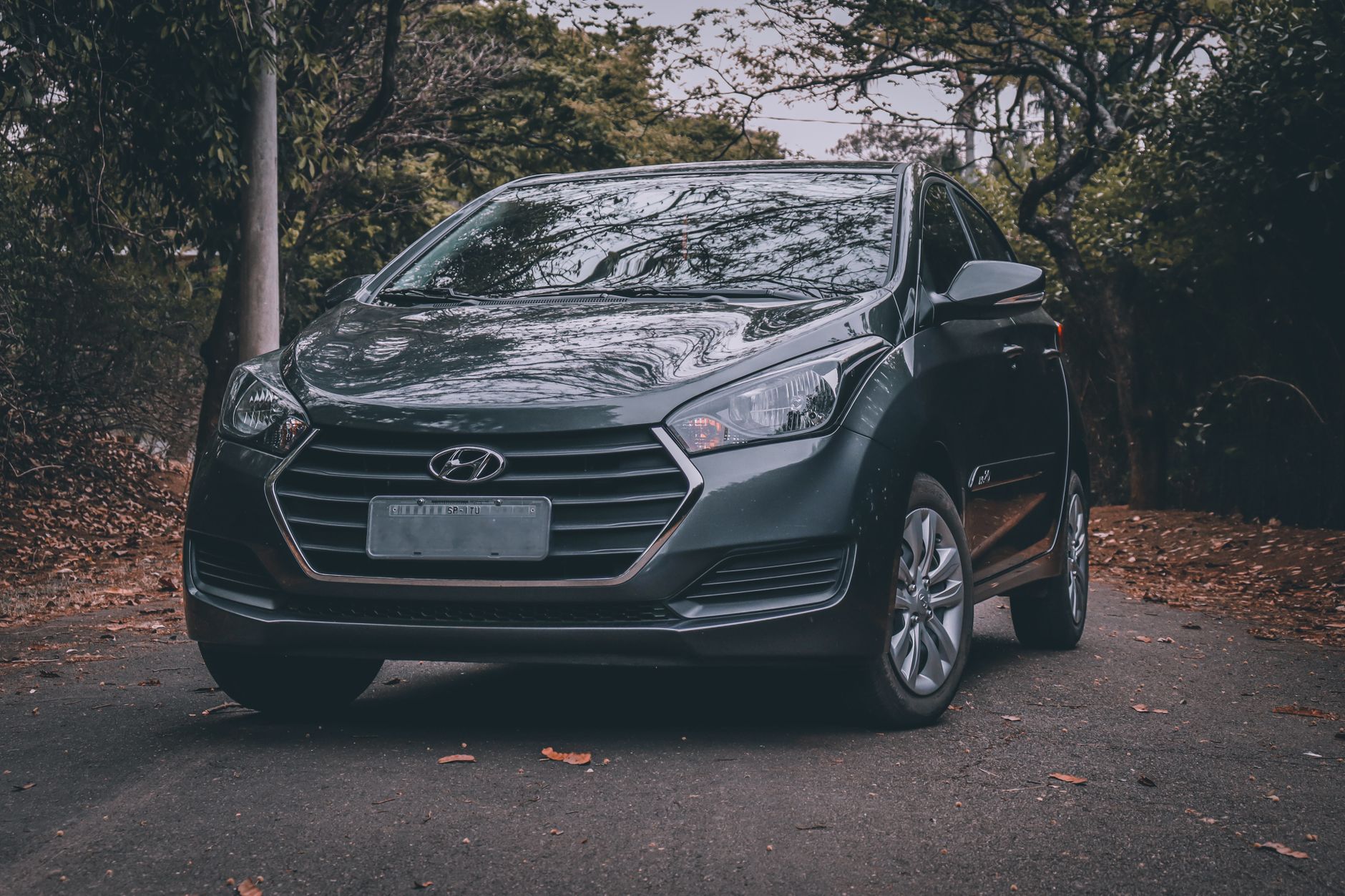 Elegant black Hyundai car parked on a scenic road surrounded by trees, showcasing a modern automotive design.