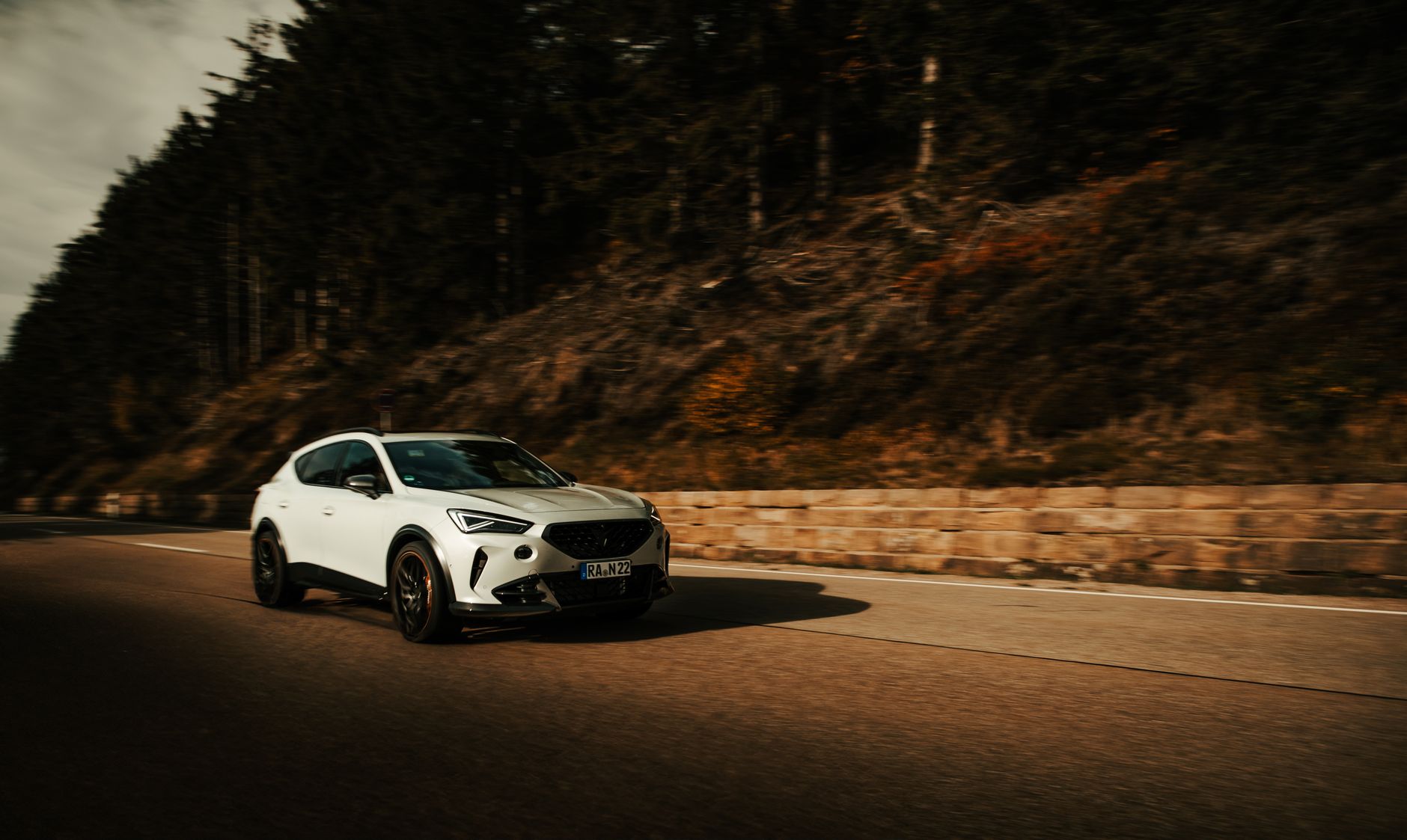 White car speeding down a forest road, capturing motion and adventure.