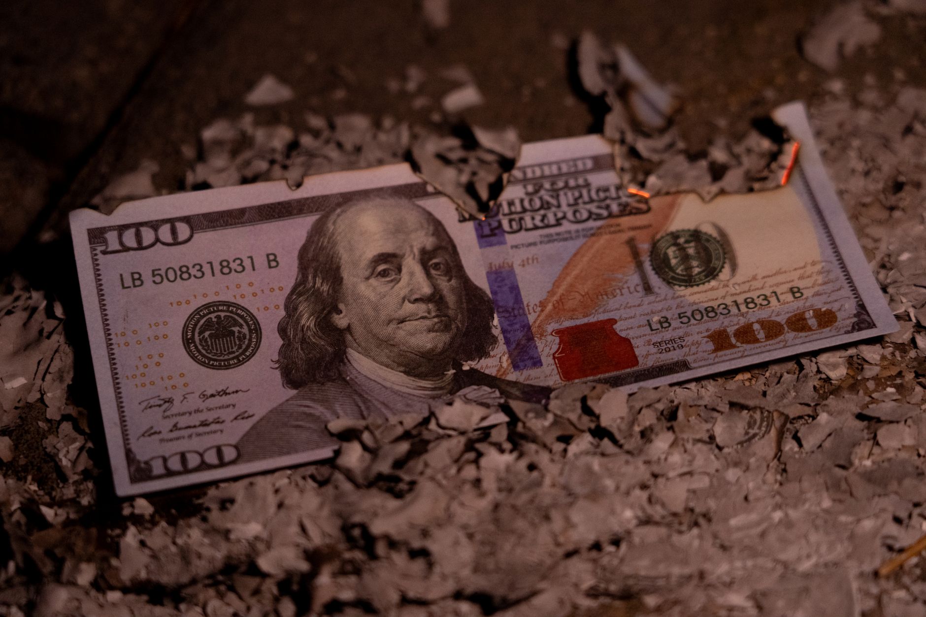 A partially burnt 100 dollar bill lies among ashes, symbolizing loss or financial ruin.